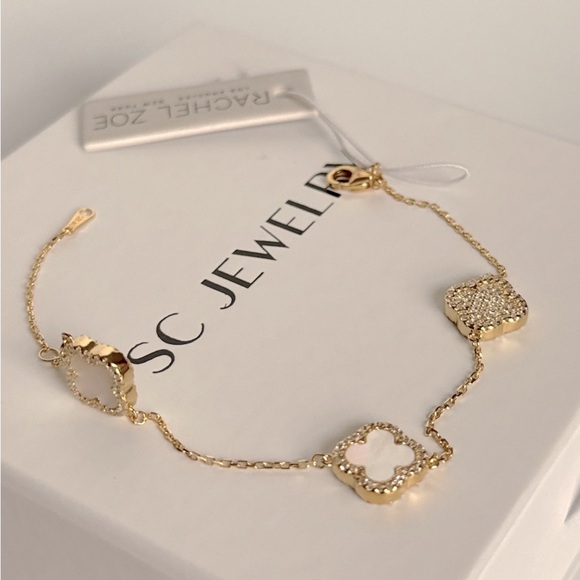 Rachel Zoe Clover Bracelet Mother of Pearl &Cubic Zirconia 925 Sterling Silver - Picture 6 of 8